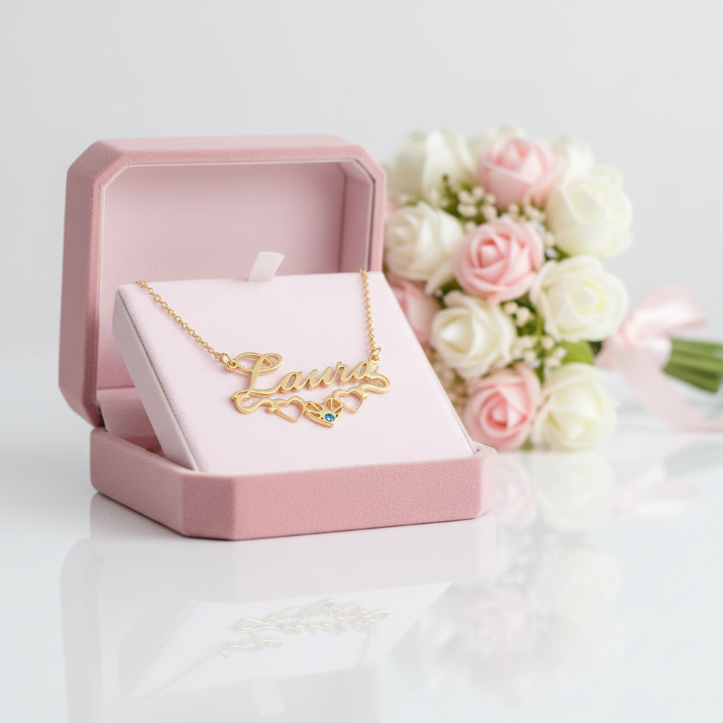 Custom Name, Heart & Birthstone Necklace-Black Diamonds New York