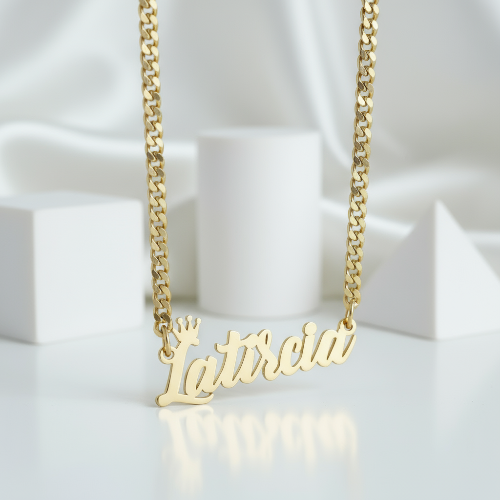 Crown Custom Name Necklace with Cuban Chain-Black Diamonds New York
