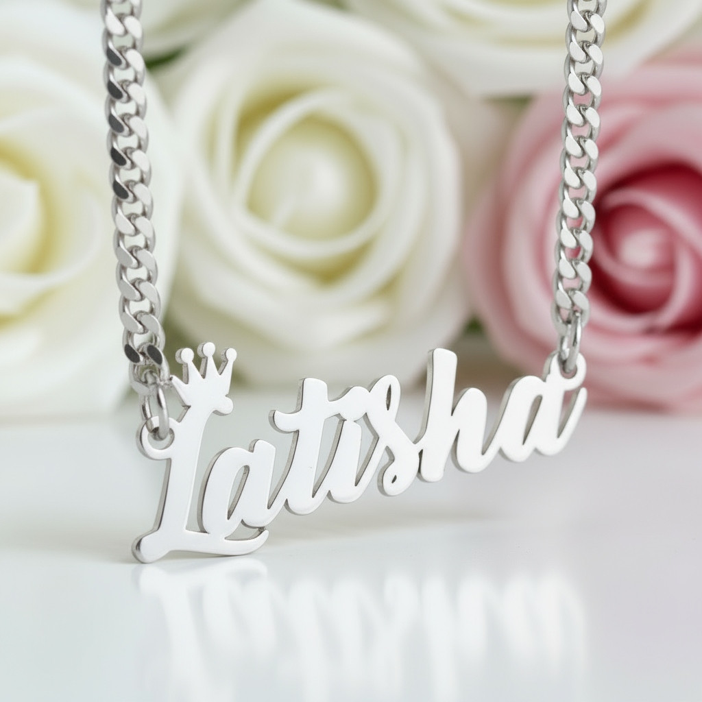 Crown Custom Name Necklace with Cuban Chain-Black Diamonds New York