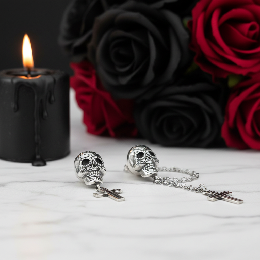 Candy Skull With Cross Stud Earrings-Black Diamonds New York