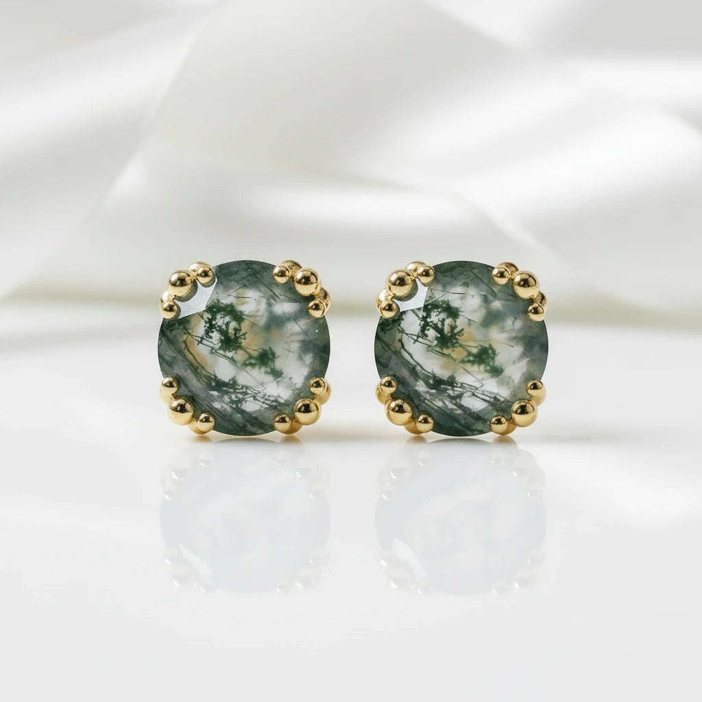1.0 Ct 6mm Round Cut Moss Agate Claw Prongs Studs Earrings-Black Diamonds New York