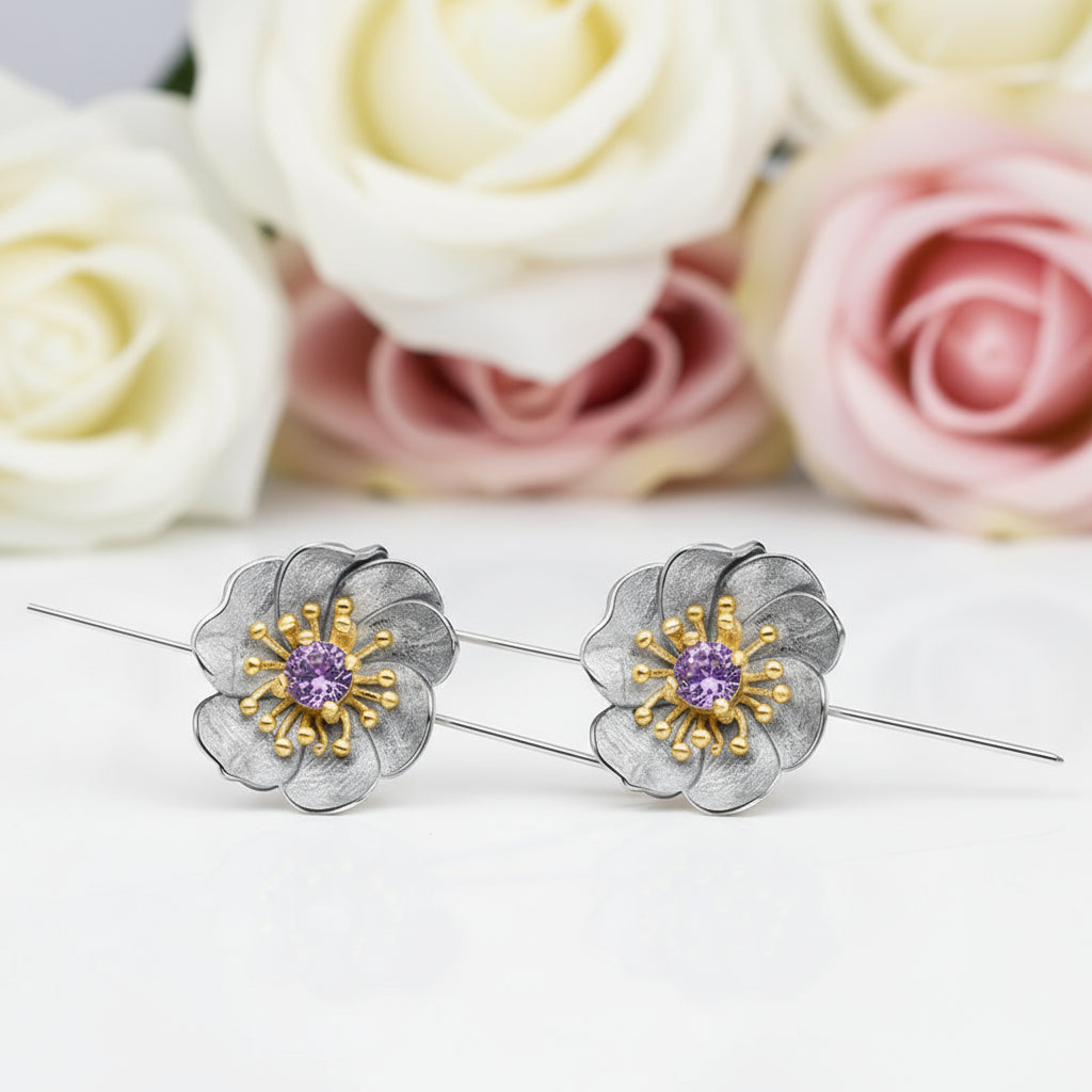 Blooming Anemone Flower Dangle Earrings-Black Diamonds New York