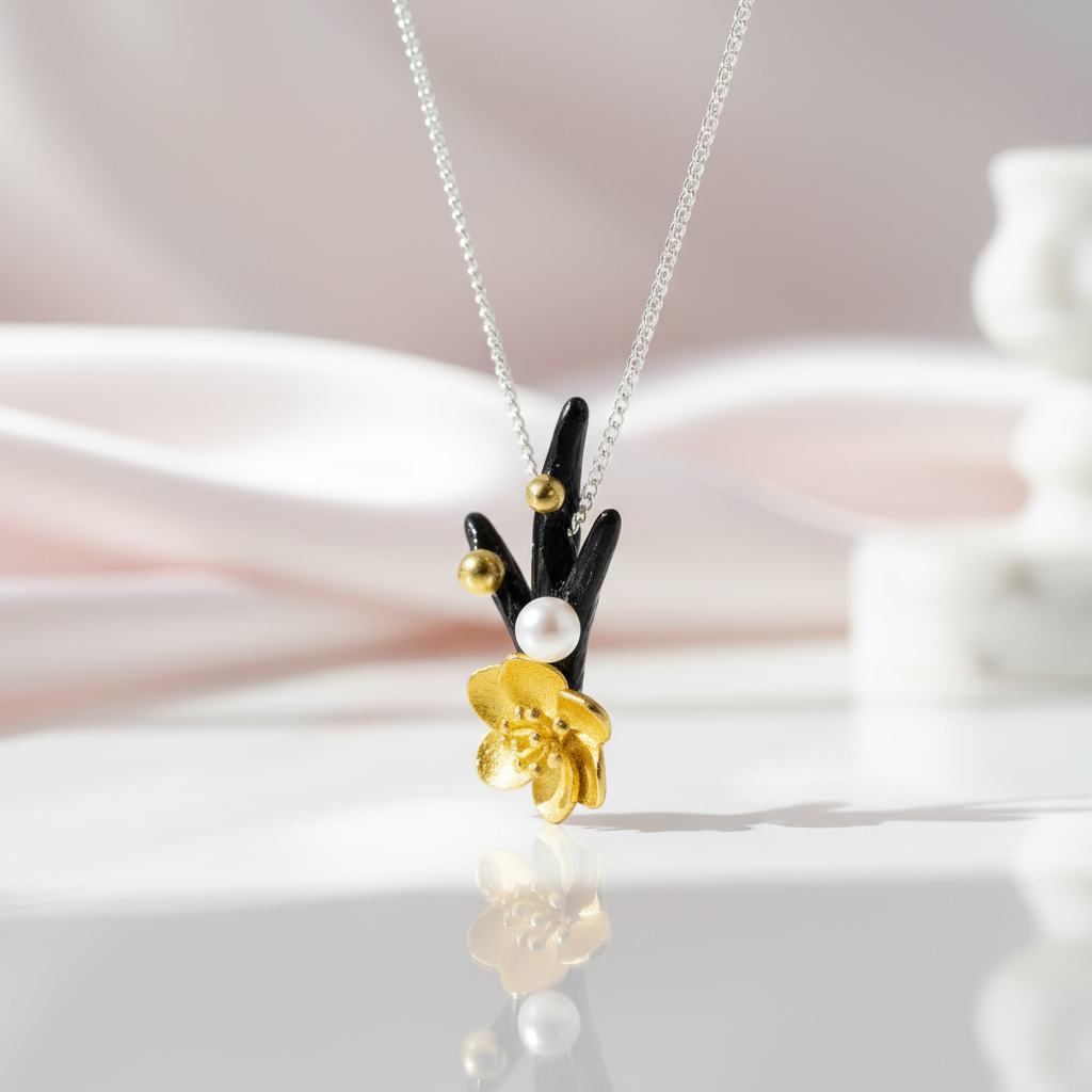 Pearl Winter Blossom & Snow Flower Necklace-Black Diamonds New York
