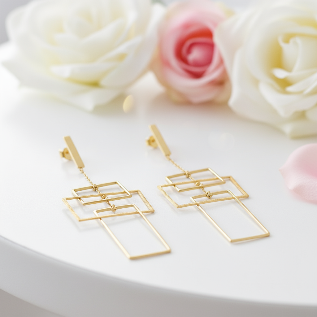 Geometric Rectangular Dangle Earrings-Black Diamonds New York