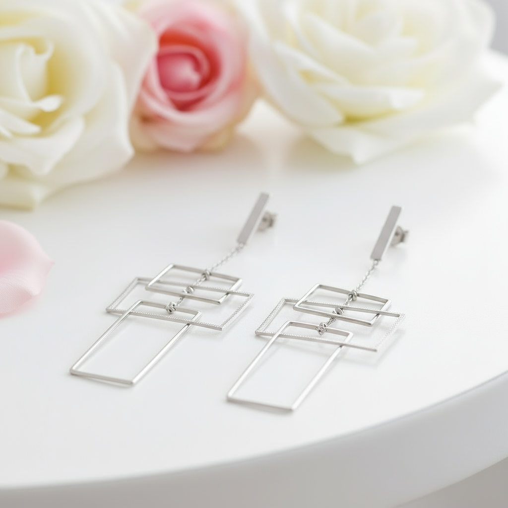 Geometric Rectangular Dangle Earrings-Black Diamonds New York