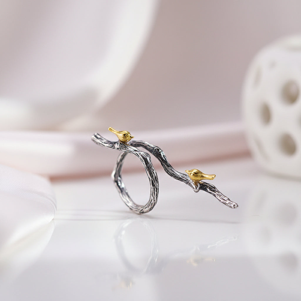 Bird on Branch Adjustable Ring-Black Diamonds New York