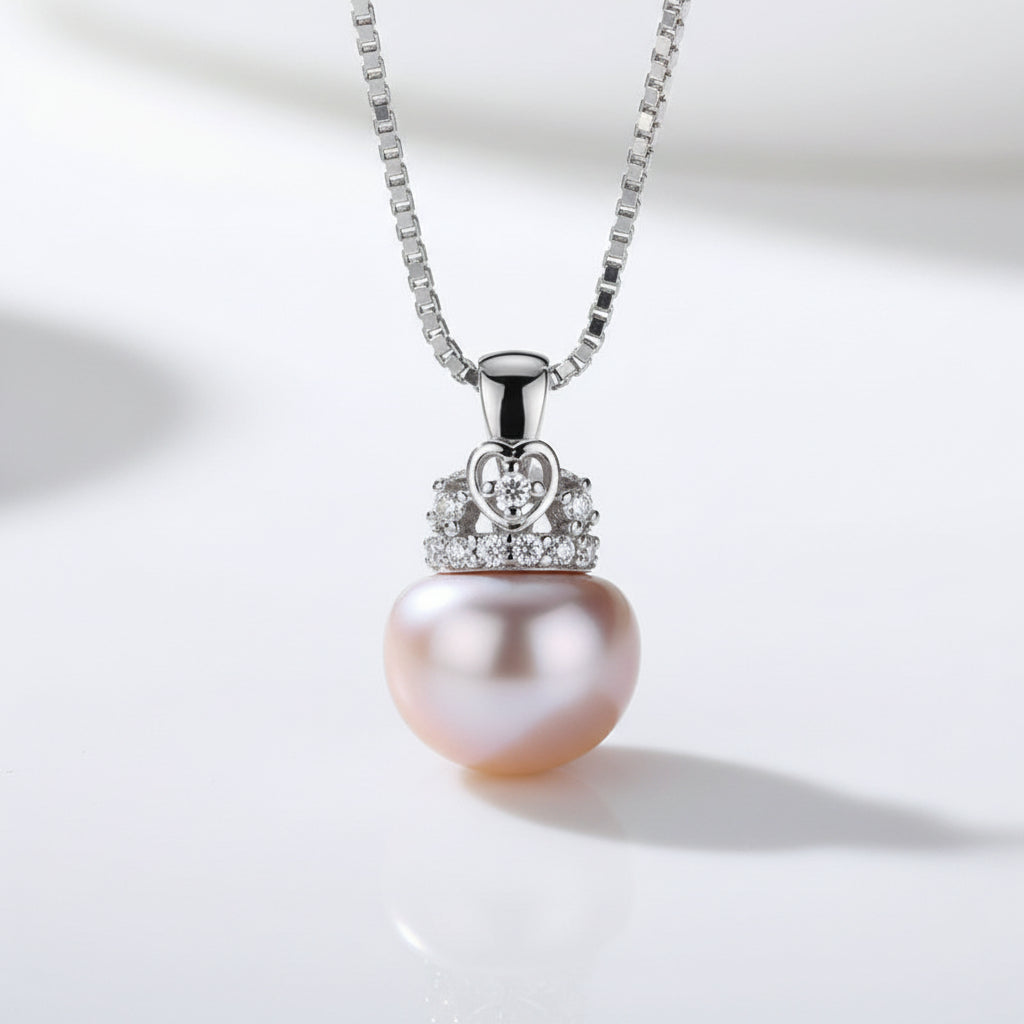 Cute Heart Crown Fresh Water Pearl Pendant Necklace-Black Diamonds New York