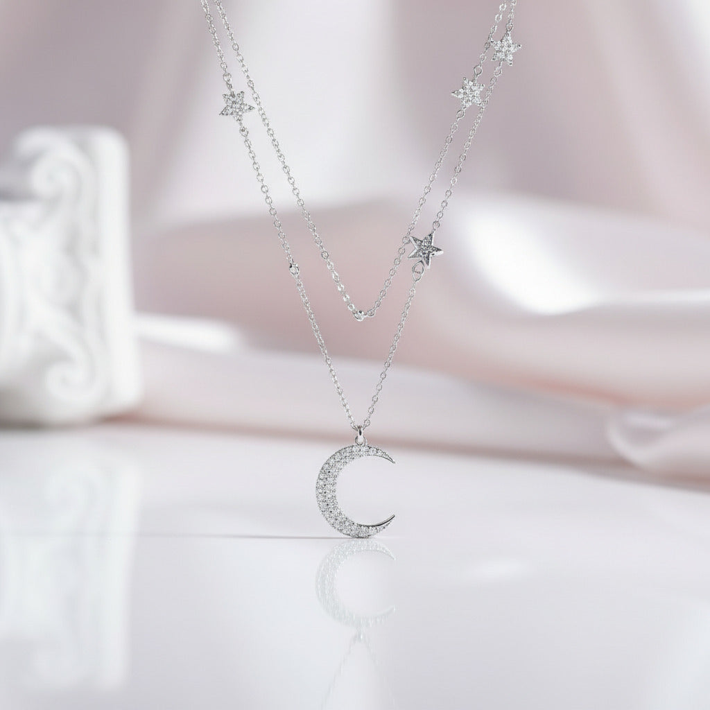 Moon & Star Double Layer Necklace-Black Diamonds New York