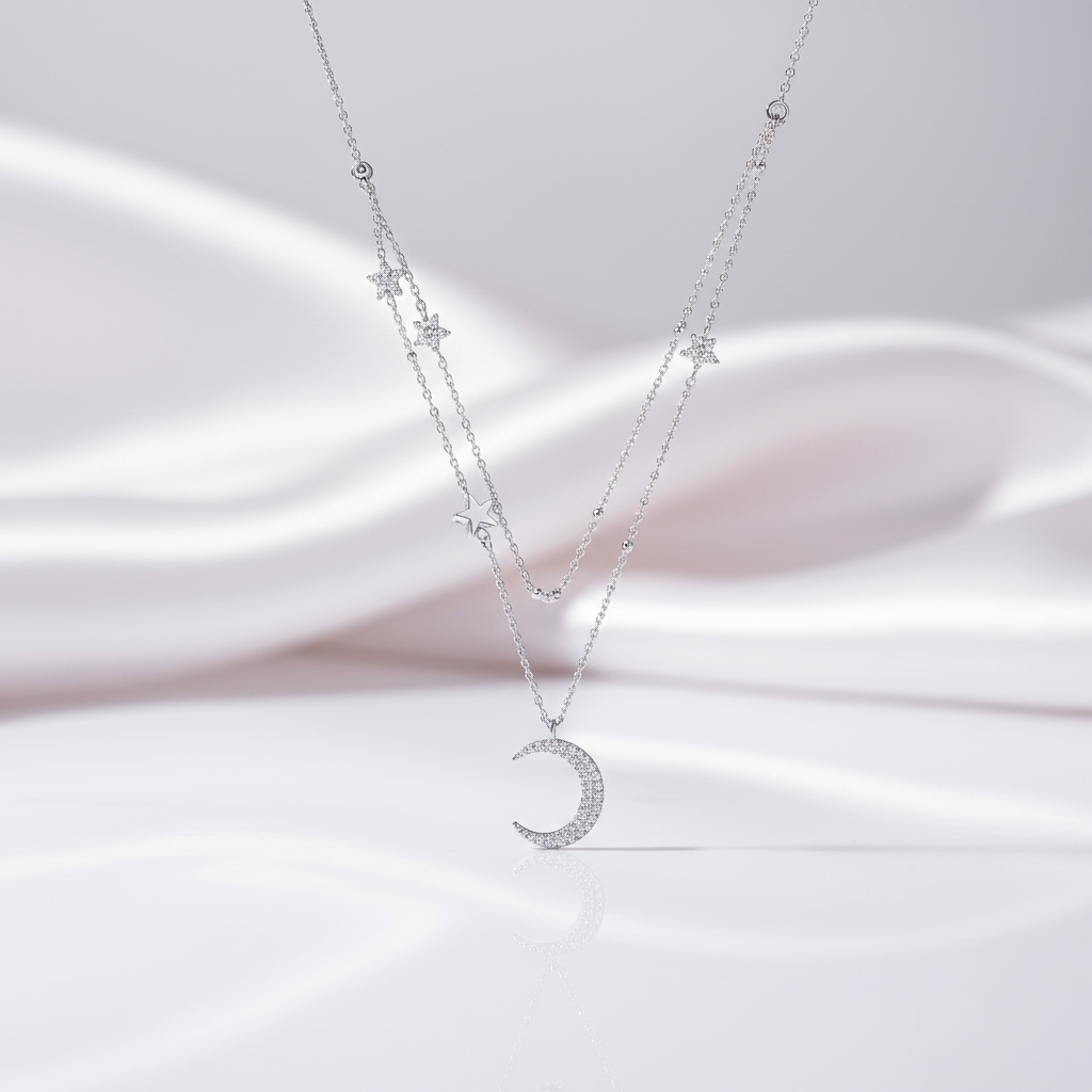 Moon & Star Double Layer Necklace-Black Diamonds New York