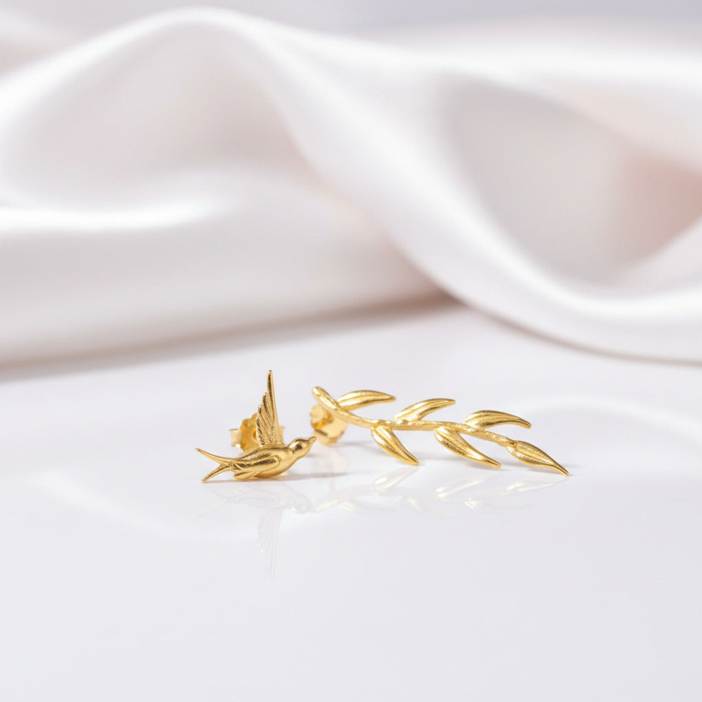 Swallow & Willow Branches Asymmetrical Dangle Earrings-Black Diamonds New York
