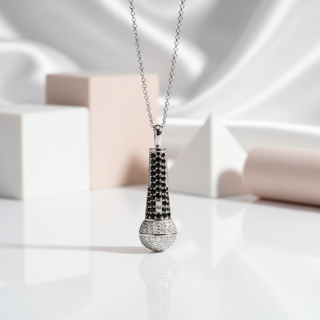 Round Cut Diamond Microphone Pendant Necklace-Black Diamonds New York