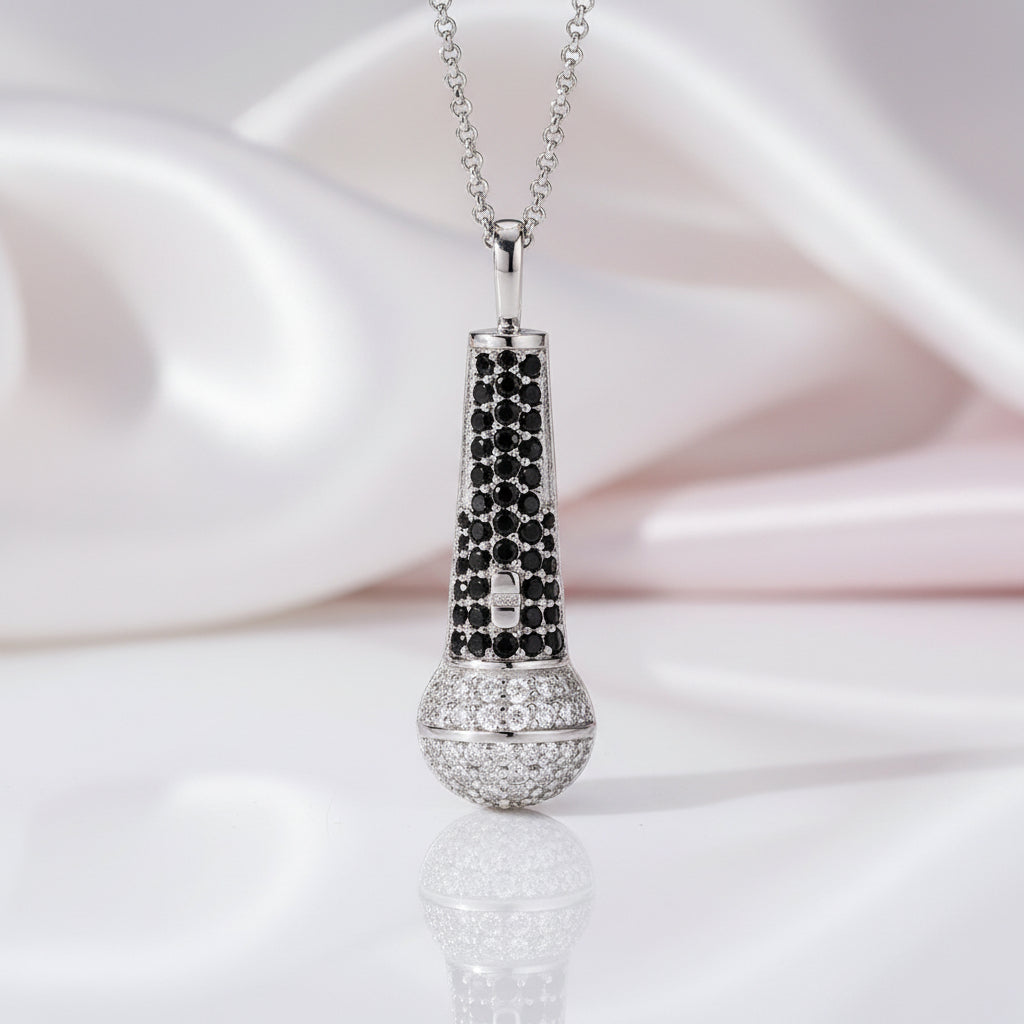 Round Cut Diamond Option Microphone Pendant Necklace-Black Diamonds New York