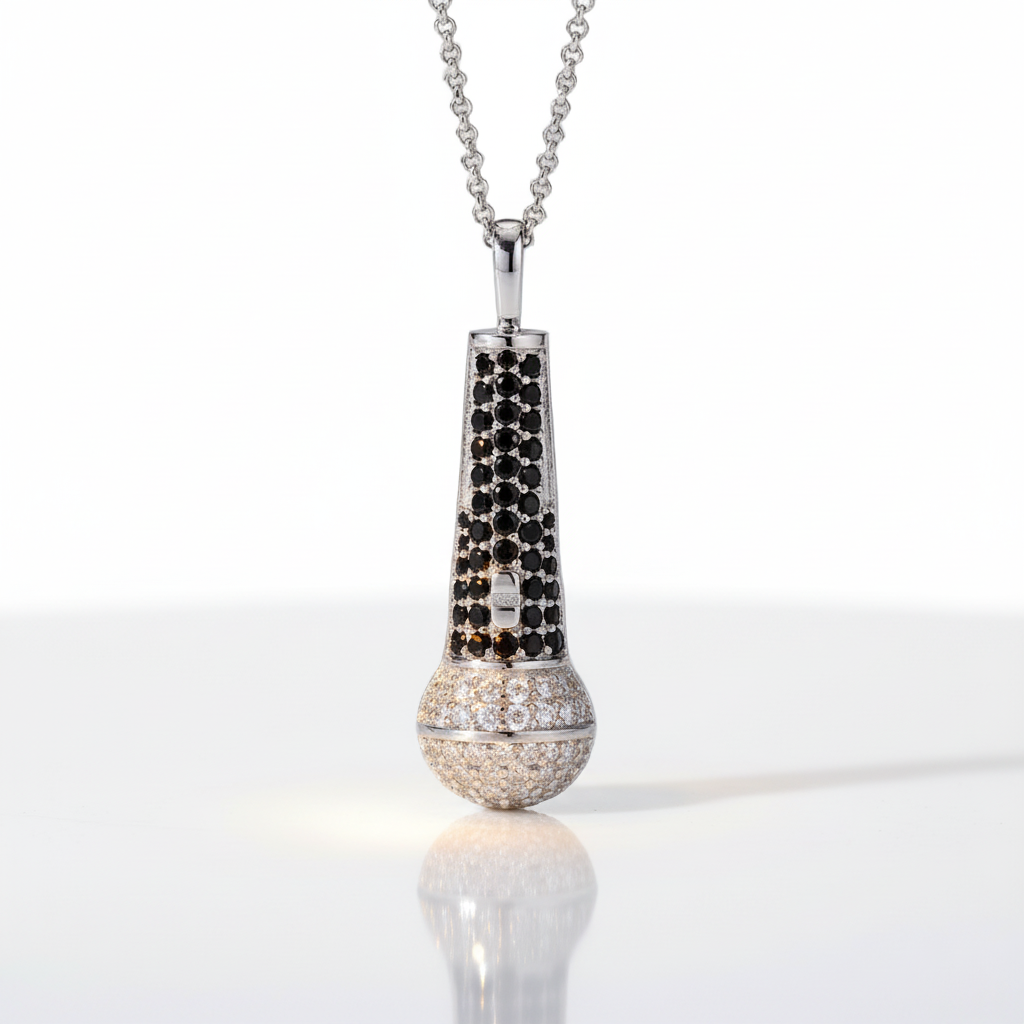 Round Cut Diamond Option Microphone Pendant Necklace-Black Diamonds New York