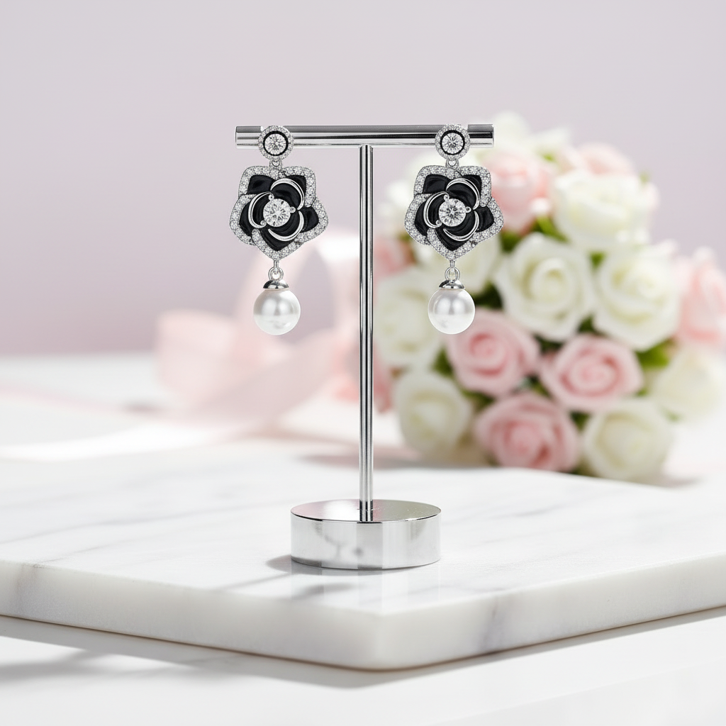 Vintage Black with Pearl Stud Earrings-Black Diamonds New York