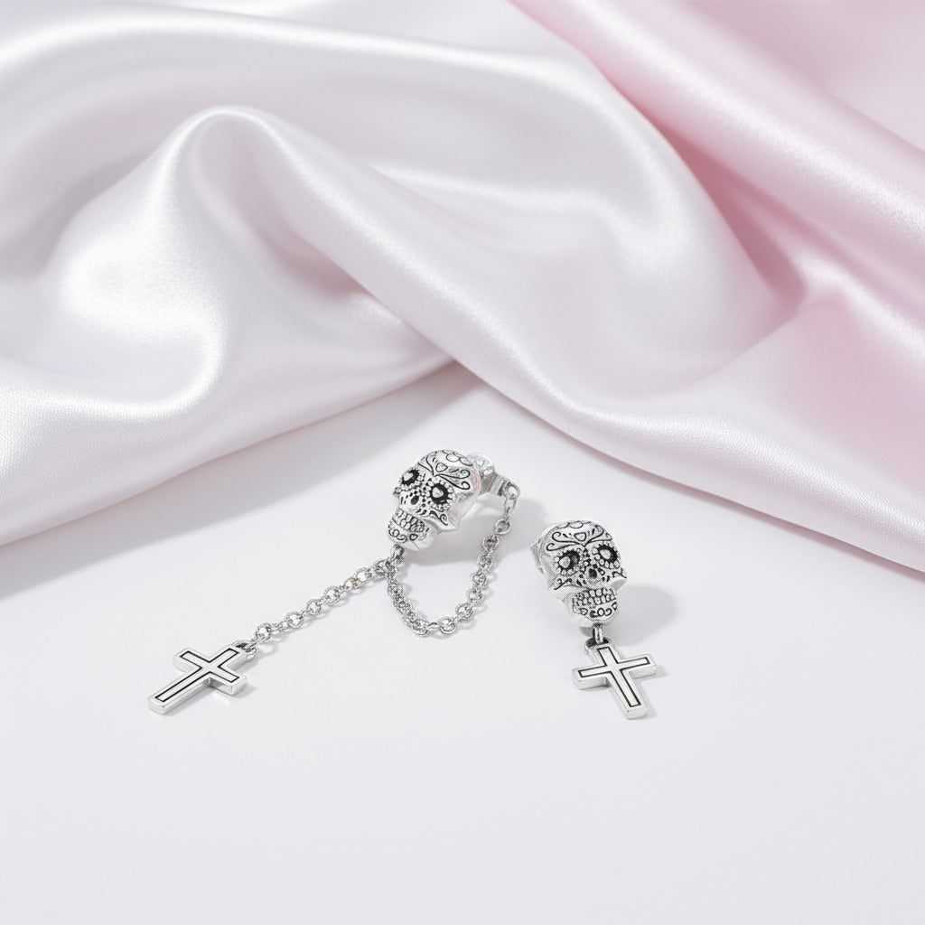 Candy Skull With Cross Stud Earrings-Black Diamonds New York