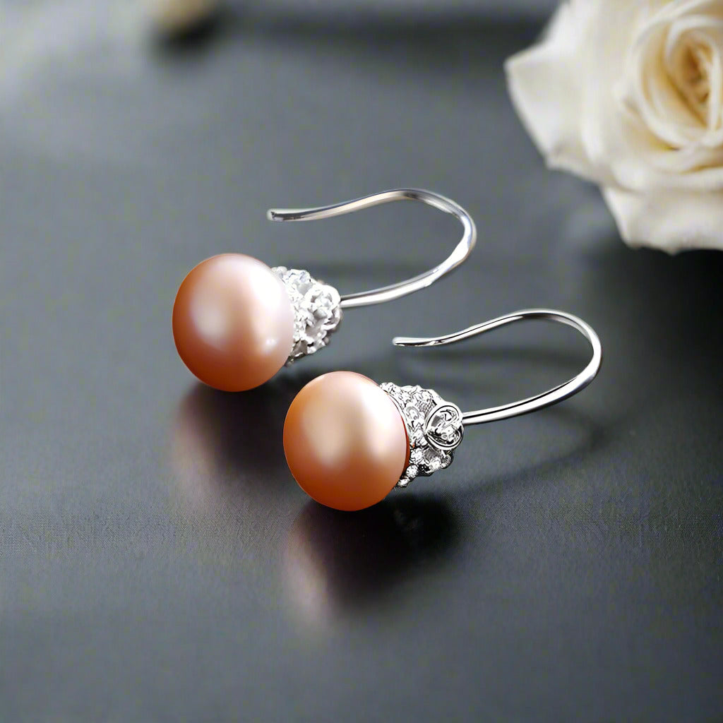 Fresh Water Heart Crown Pearl Hook Drop Earrings-Black Diamonds New York