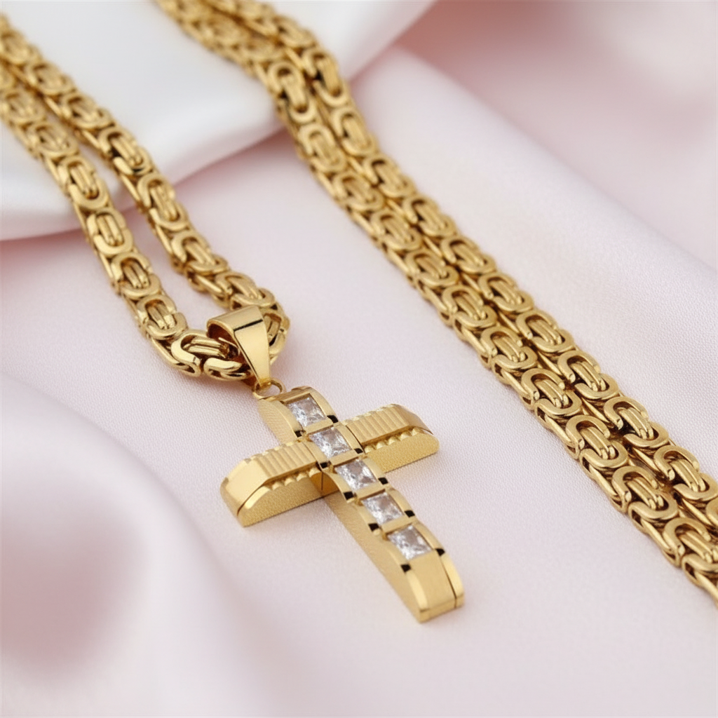 Men's Cross Byzantine Chain Necklace-Black Diamonds New York