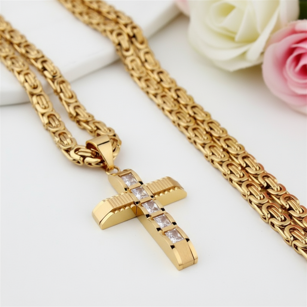 Men's Cross Byzantine Chain Necklace-Black Diamonds New York