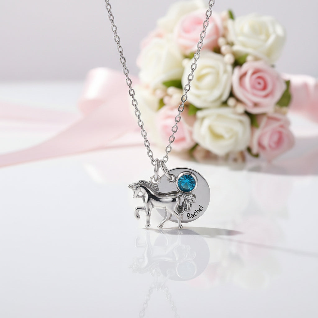 Custom Birthstone Round Horse Name Necklace-Black Diamonds New York