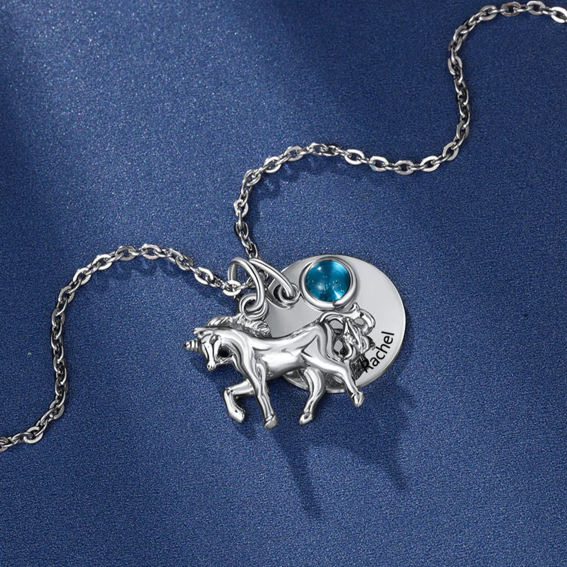 Custom Birthstone Round Horse Name Necklace-Black Diamonds New York