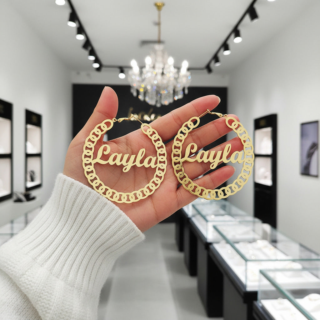 Pig Nose Customize Name Hoop Earrings-Black Diamonds New York