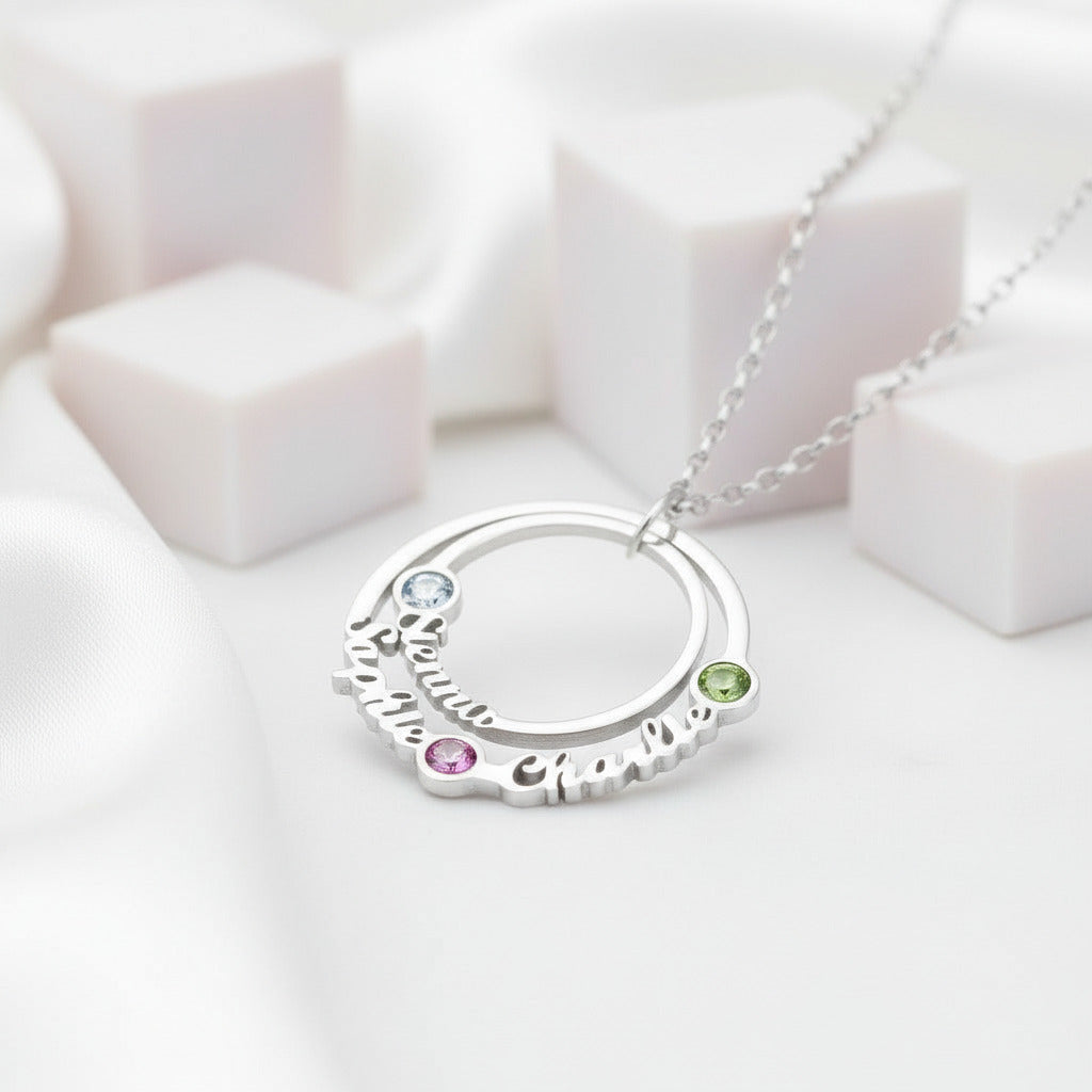 Custom Name Circle Necklace with 3 Birthstones-Black Diamonds New York