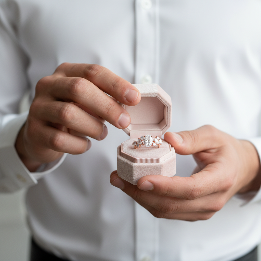 Person holding a small hexagonal pink jewelry box with a ring inside, wearing a white shirt.