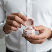 Person holding a small hexagonal pink jewelry box with a ring inside, wearing a white shirt.