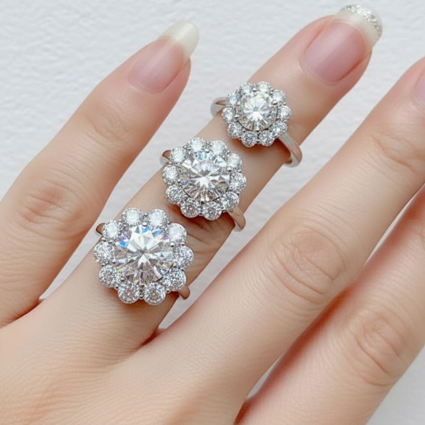 3.0 Ct Round Cut Crackling Diamond Option Flower Halo Engagement Ring-Black Diamonds New York