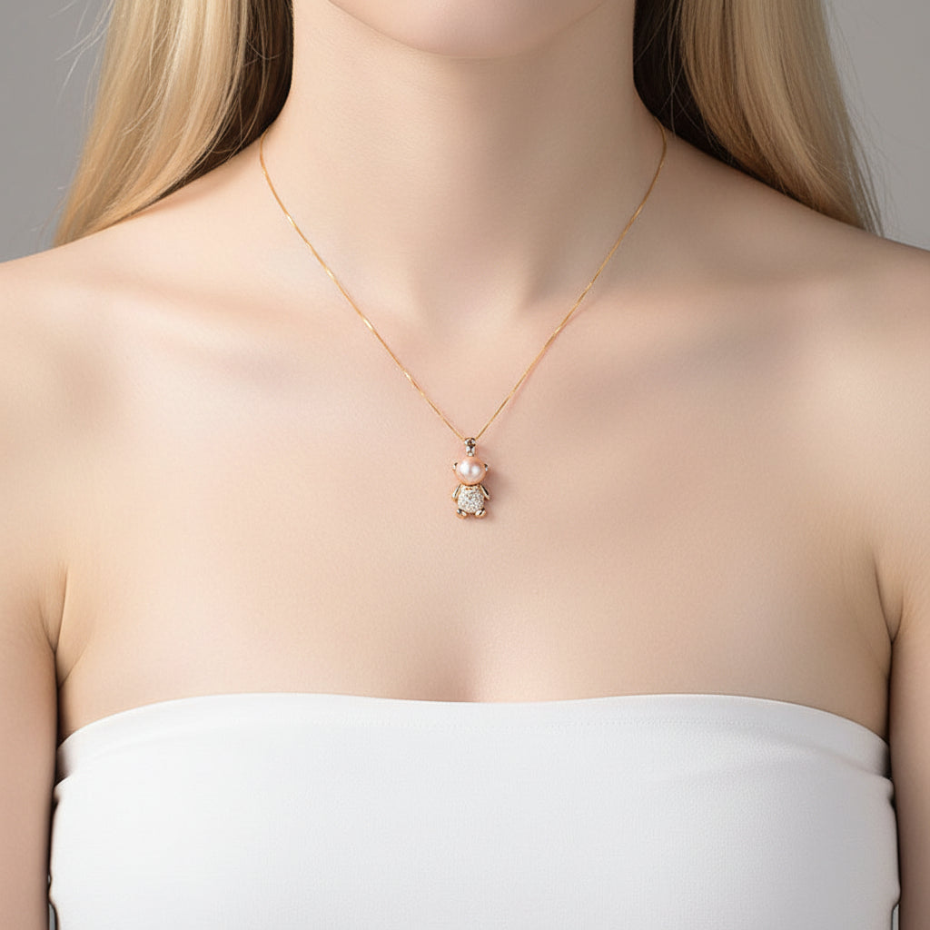 Cute Bear Freshwater Pearl Pendant Necklace-Black Diamonds New York