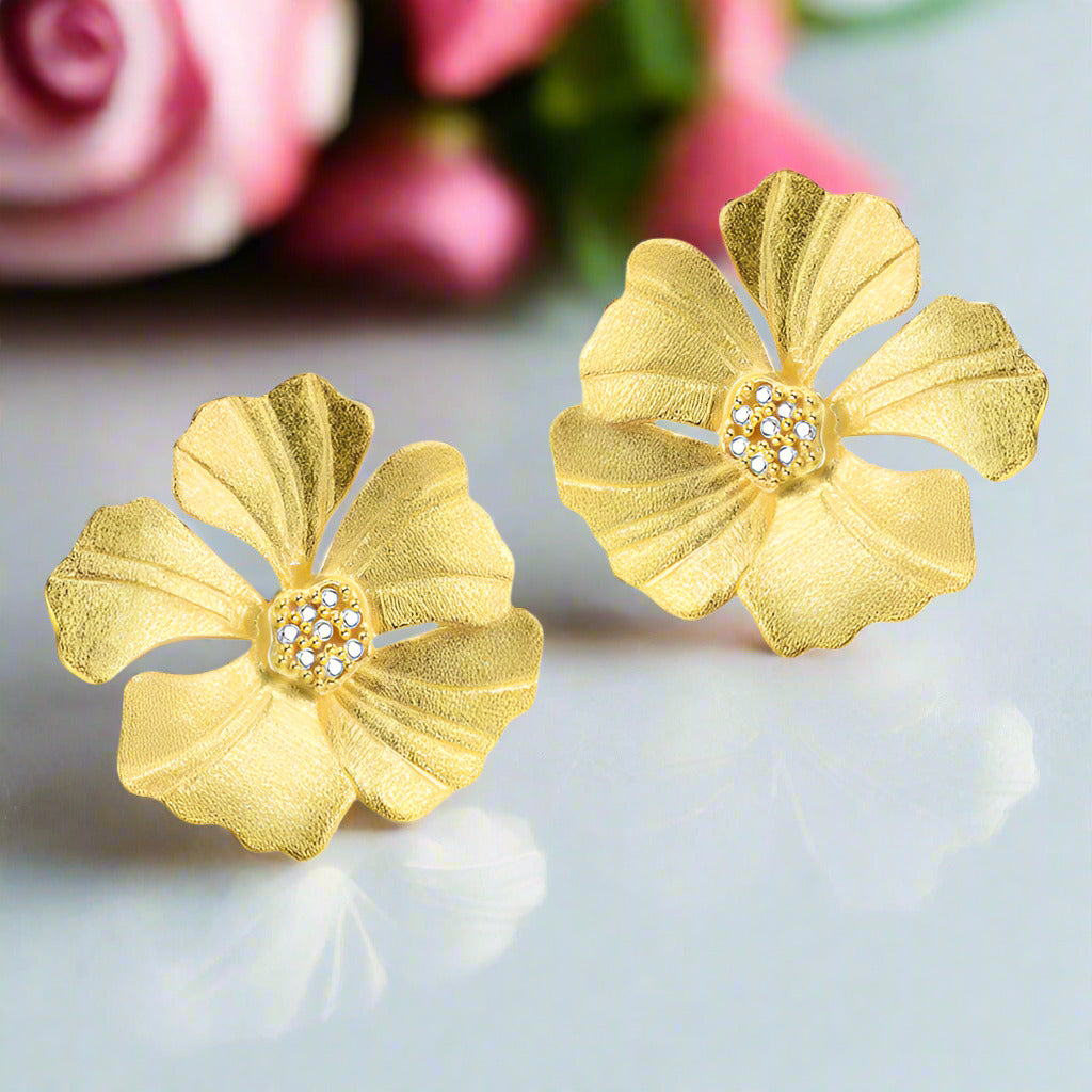 Elegant Big Peony Flower Stud Earrings-Black Diamonds New York