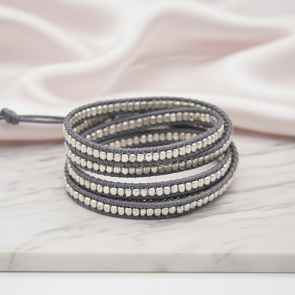 Bohemian Brass Bead 5 Wraps Statement Bracelet-Black Diamonds New York