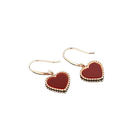 18k Yellow Gold Natural Red Agate Heart Drop Earrings-Black Diamonds New York