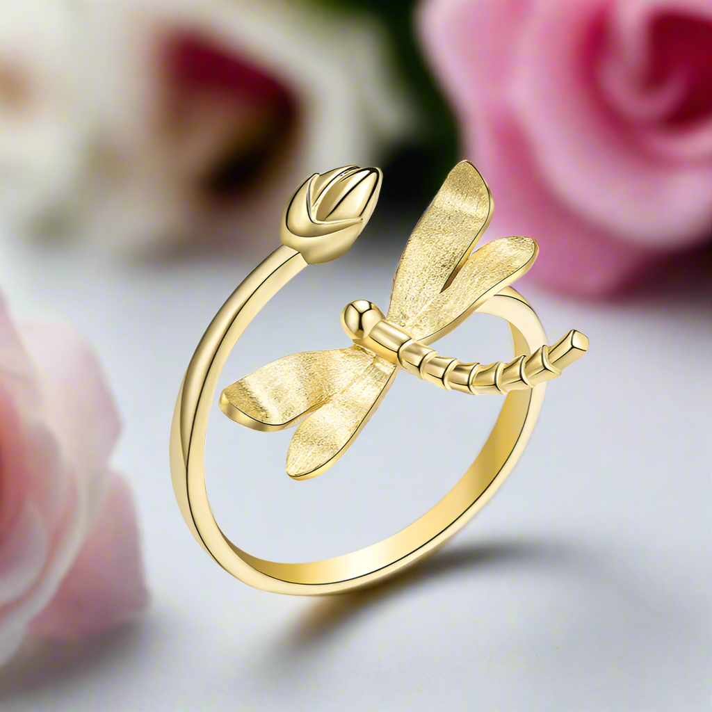 Dragonfly Lotus Bud Adjustable Ring-Black Diamonds New York