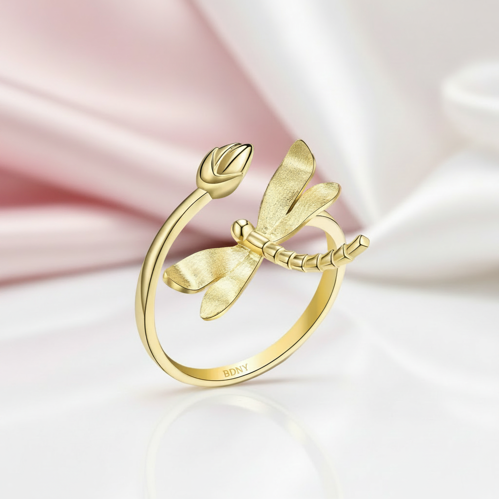 Dragonfly Lotus Bud Adjustable Ring-Black Diamonds New York