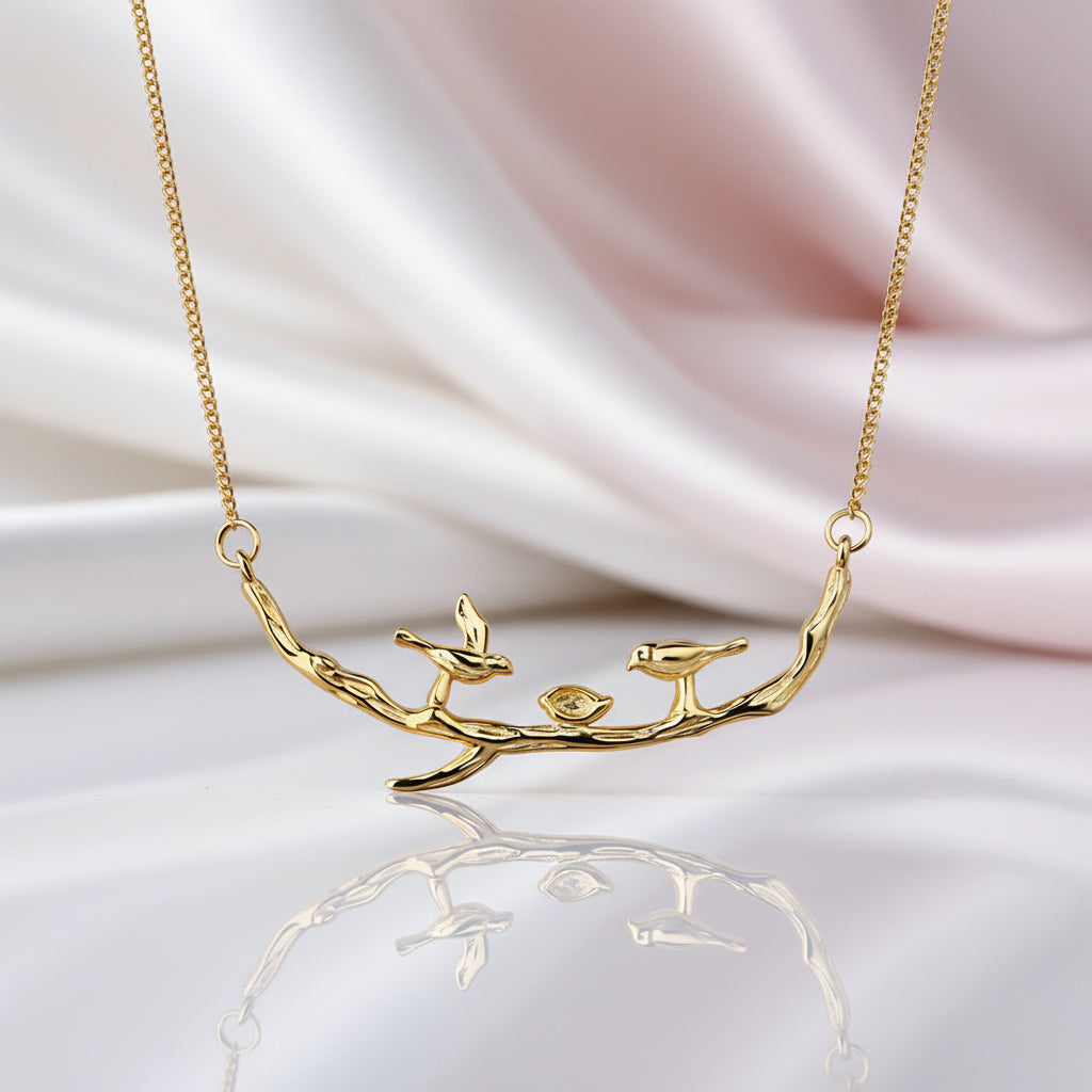 Cute Birds on Branches Necklace-Black Diamonds New York