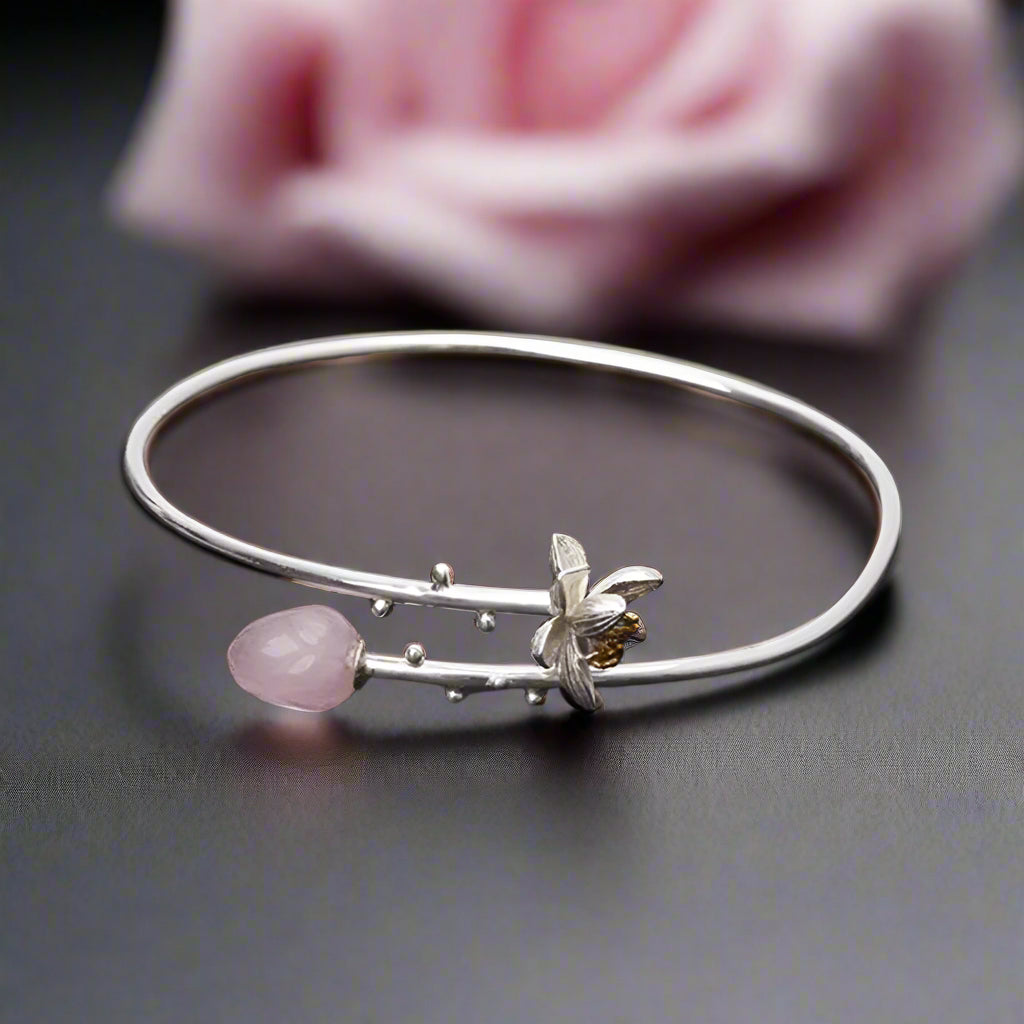 Delicate Lotus Whisper Design Bangle-Black Diamonds New York