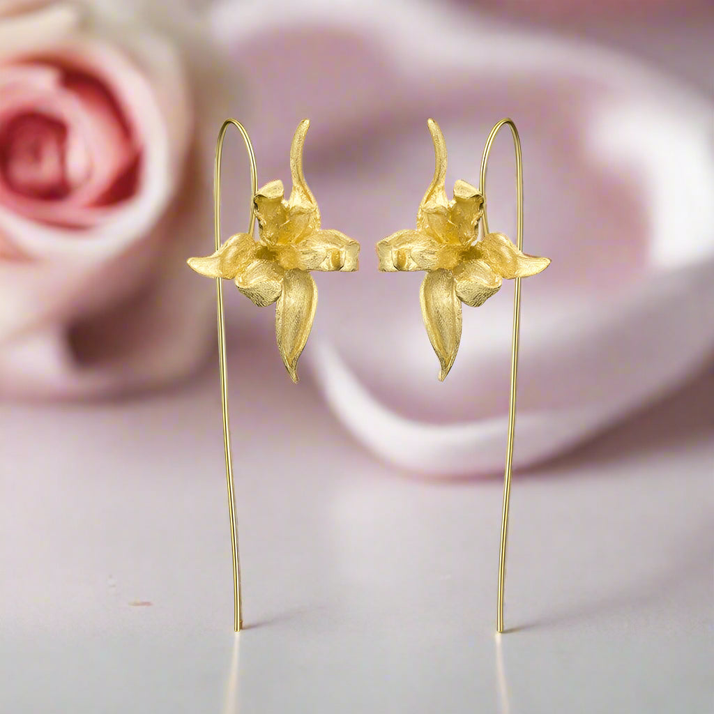 Elegant Iris Flower Dangle Earrings-Black Diamonds New York