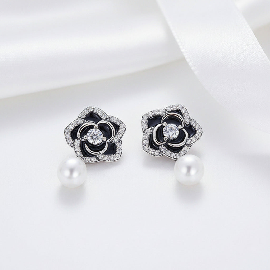 Vintage Black with Pearl Stud Earrings-Black Diamonds New York