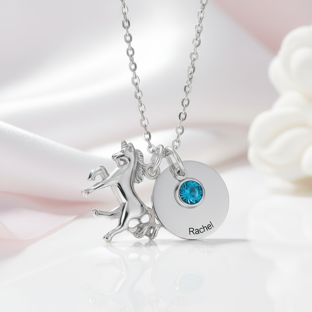 Custom Birthstone Round Horse Name Necklace-Black Diamonds New York