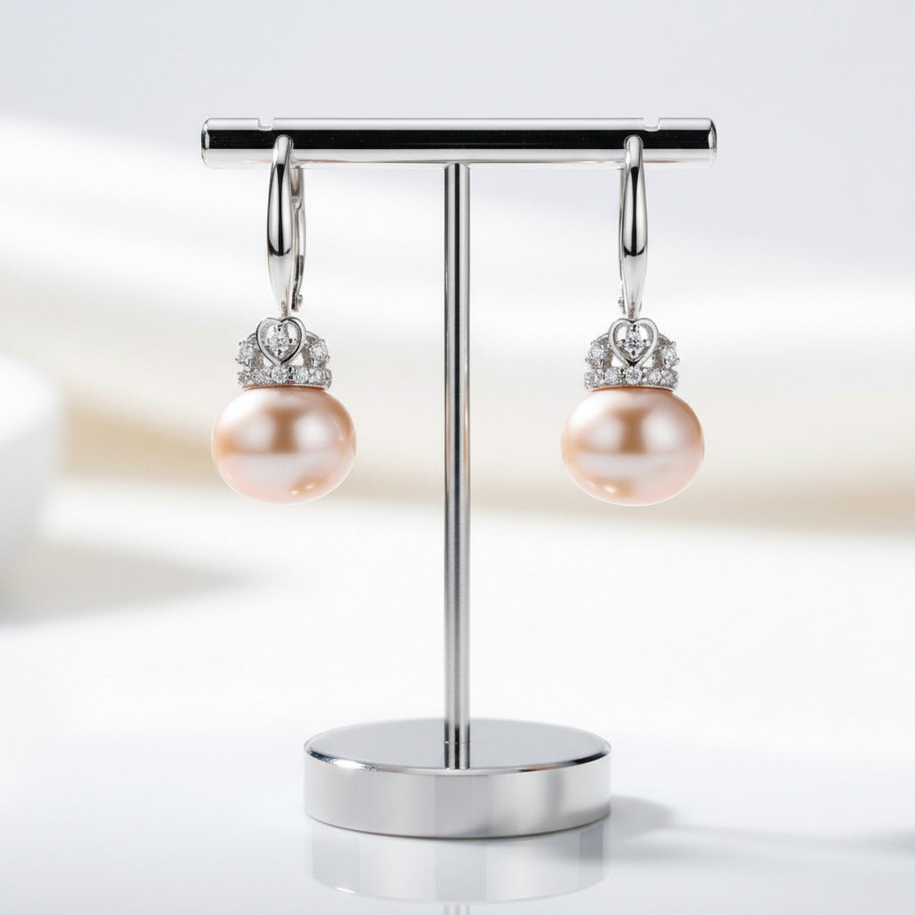 Fresh Water Heart Crown Pearl Hook Drop Earrings-Black Diamonds New York