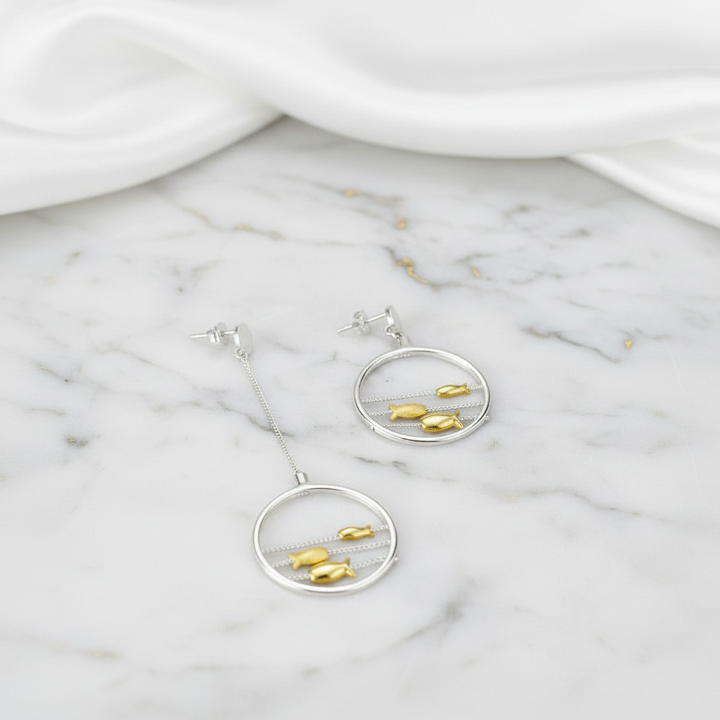 Cute Moving Happy Fishes Dangle Earrings-Black Diamonds New York