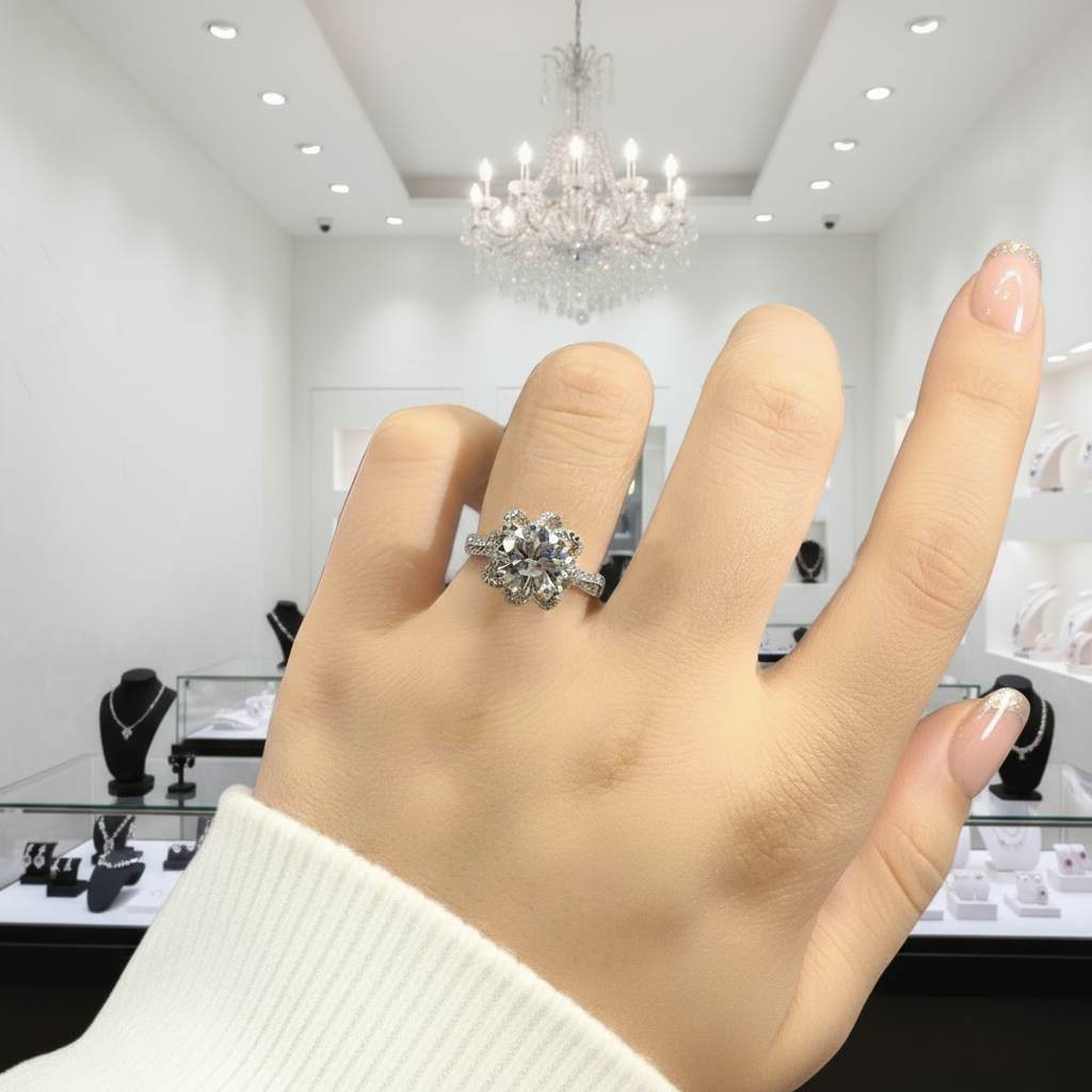 1.0 Ct Round Cut Diamond Option Princess Flower Engagement Ring-Black Diamonds New York