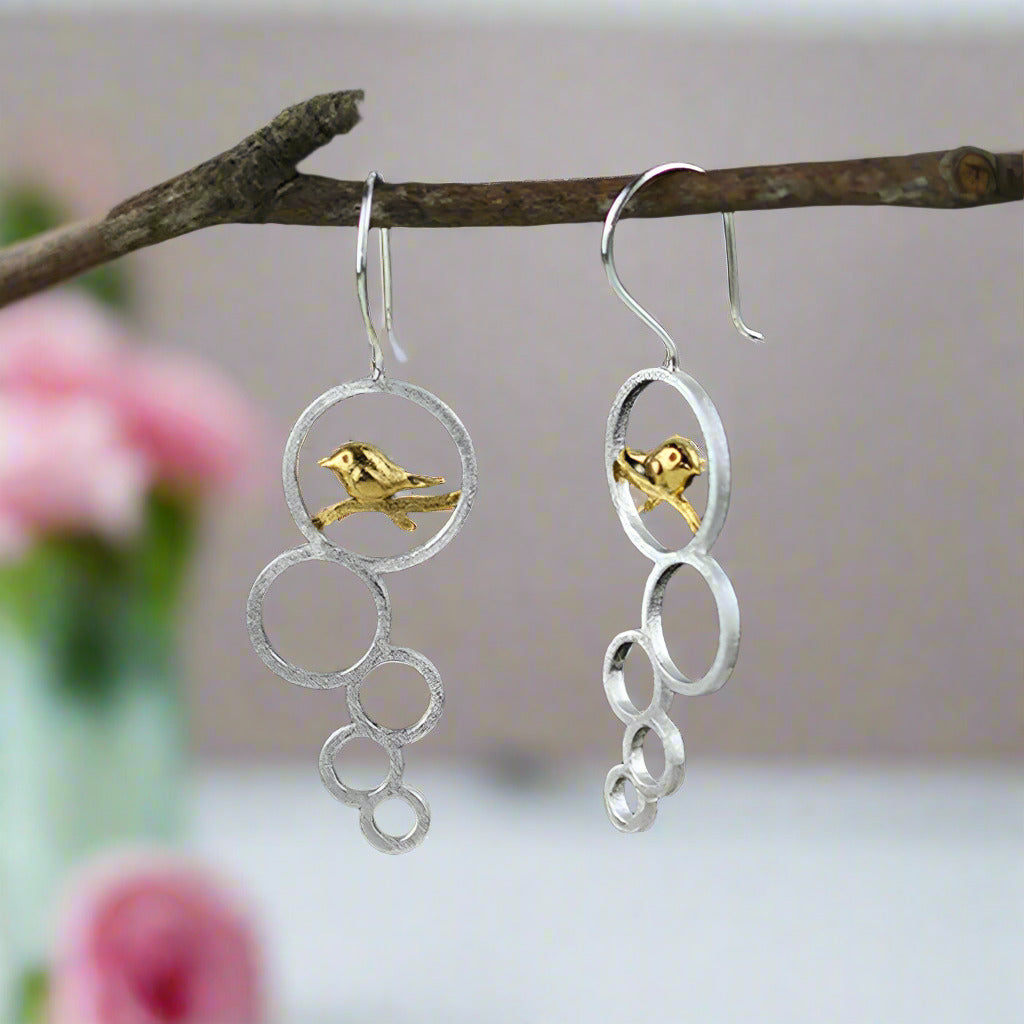 Elegant Flower Bird Dangle Earrings-Black Diamonds New York