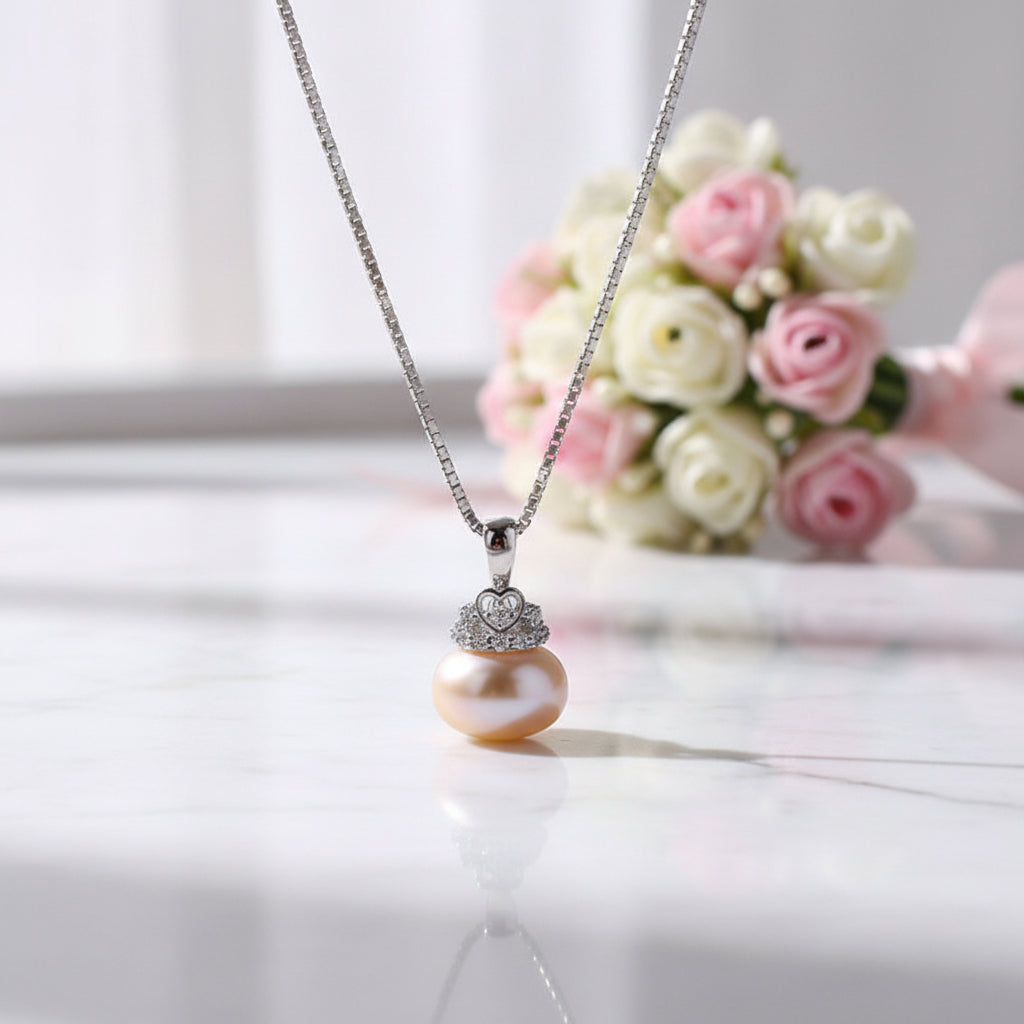 Cute Heart Crown Fresh Water Pearl Pendant Necklace-Black Diamonds New York
