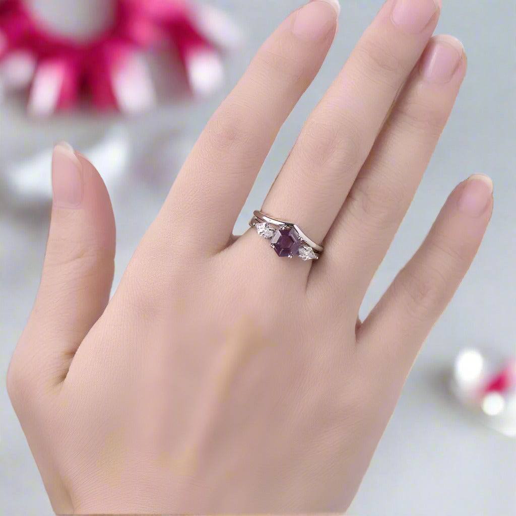 Lab Alexandrite Hexagon Wedding Ring Set-Black Diamonds New York