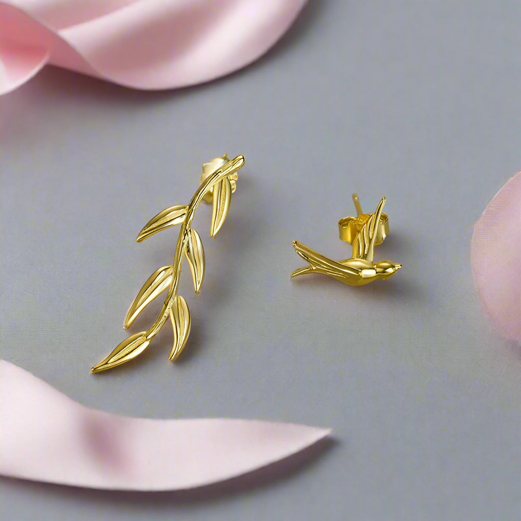 Swallow & Willow Branches Asymmetrical Dangle Earrings-Black Diamonds New York