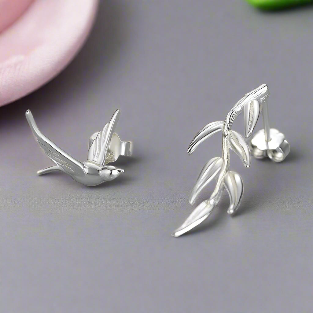 Swallow & Willow Branches Asymmetrical Dangle Earrings-Black Diamonds New York