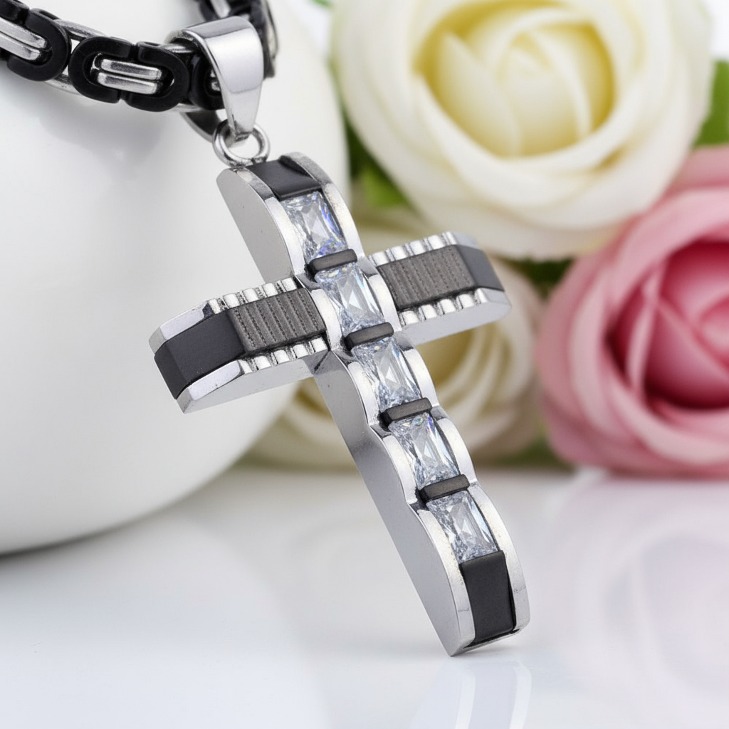 Men's Cross Byzantine Chain Necklace-Black Diamonds New York