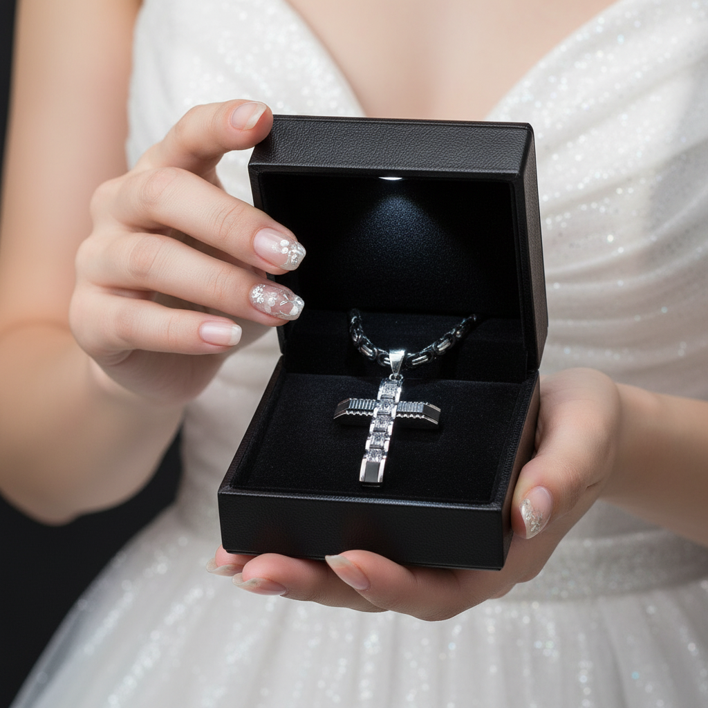 Men's Cross Byzantine Chain Necklace-Black Diamonds New York